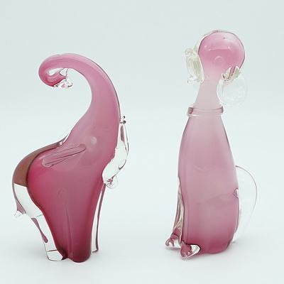 Murano Art Glass Elephant and Dog with Internal Pink Hue