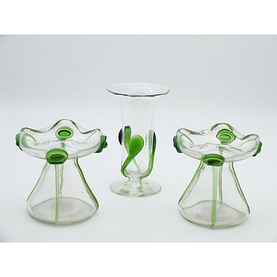 Three Pieces of English Arts and Crafts Glass with Applied Prunts and Trailing, Early 20th Century