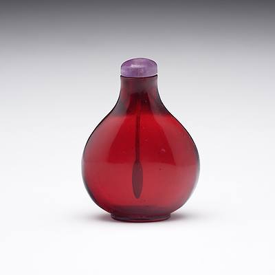 Chinese Red Glass Snuff Bottle with Amethyst Quartz Stopper