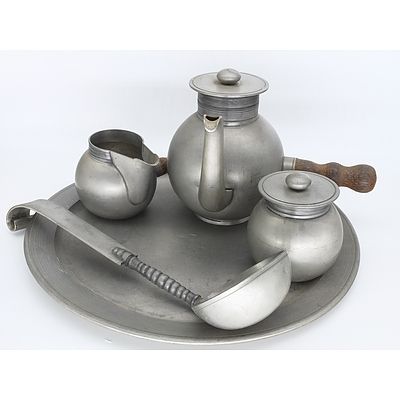 Group of Vintage Havstad Pewter Including Three Piece Tea Setting, Ladle and Butlers Tray