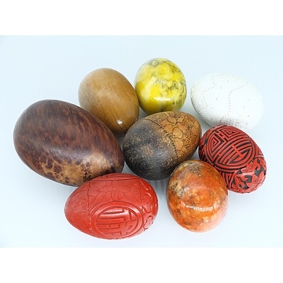 Group of Decorative Eggs Including Burl, Cinnabar and Stone