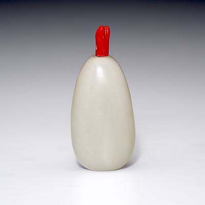 Chinese White Jade Eggplant Shape Snuff Bottle with Pink Coral Stopper
