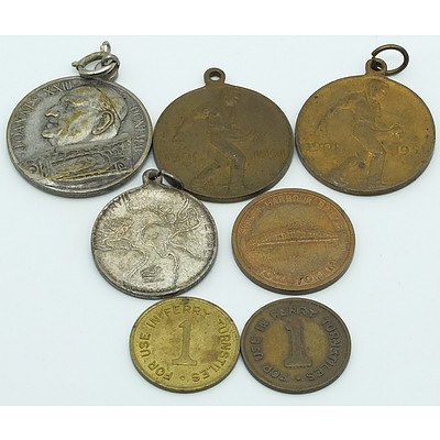 Group of Seven Medalions and Tokens Including Sydney Harbour Bridge Toll Token, 1945 Victory Medallion and More