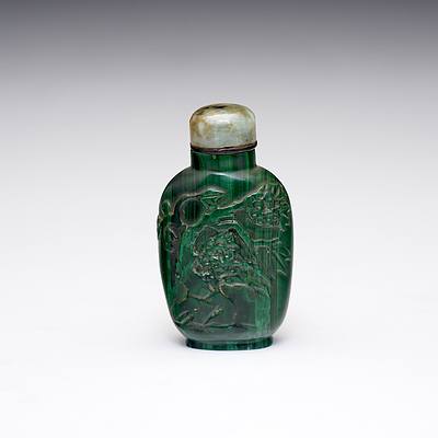 Antique Chinese Carved Malachite Snuff Bottle with Quartz Stopper