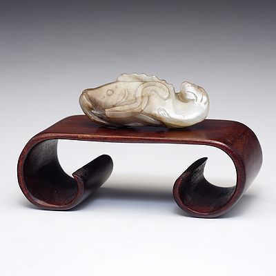 Chinese Grey Jade Model of a Lotus and Carp on Hardwood Stand