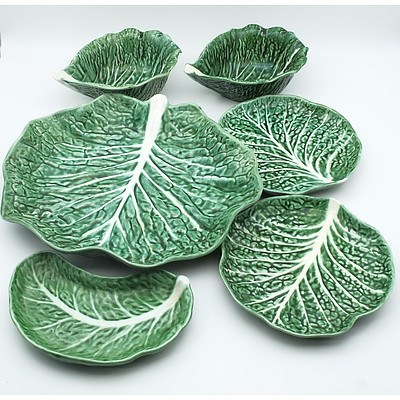 Secla Portugal 6 Piece Majolica Green Cabbage Pattern Tableware