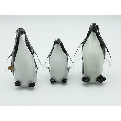 Group of Three Rikaro Art Glass Penguins