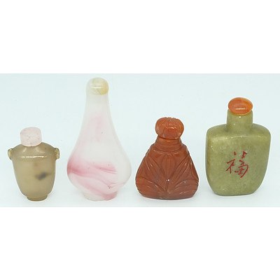 Four Chinese Glass, Agate and Hardstone Snuff Bottles