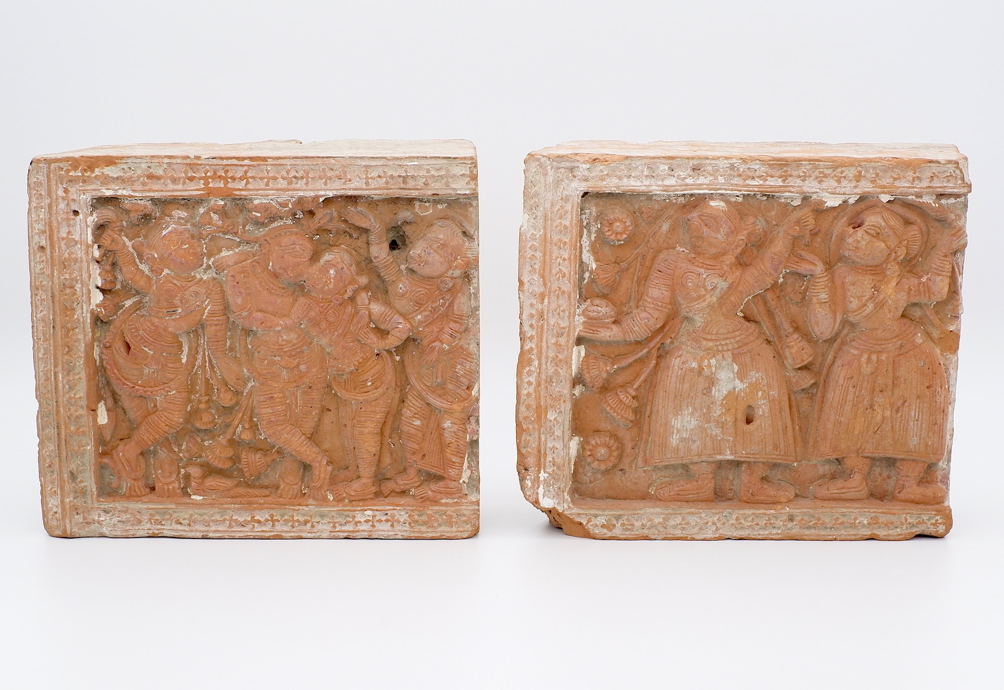 'Two Ancient Medieval Carved and Moulded Terracotta Relief Tiles Bengal or Bangladesh'