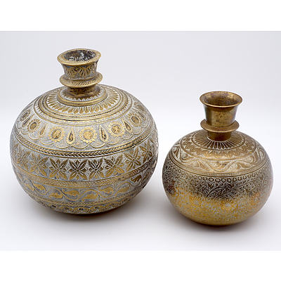 Two Indian Mughal Cast and Engraved Brass Water Vessels or Lota, Deccan 19th or Early 20th Century