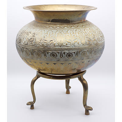 Large Indian Cast and Engraved Brass Vessel on Stand, Deccan 19th or Early 20th Century
