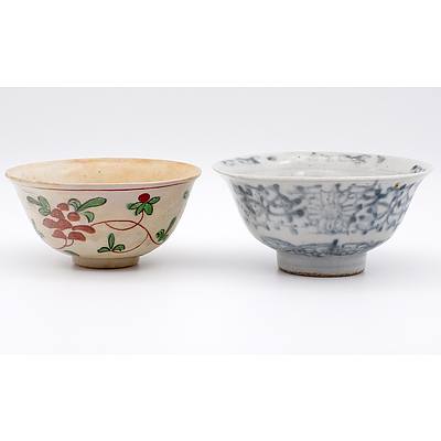 Chinese Bowl with Red and Green Enamel and a Block Printed Blue and White Bowl