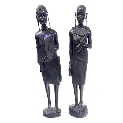Impressive Pair of African Carved Ebony Maasai Figures