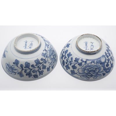 Pair Chinese Blue and White Peony and Butterfly Bowls 19th Century