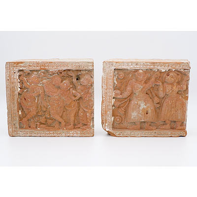 Two Ancient Medieval Carved and Moulded Terracotta Relief Tiles Bengal or Bangladesh