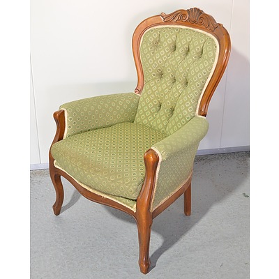 Antique Style Beech Grandmother Chair with Buttoned Fabric Upholstery