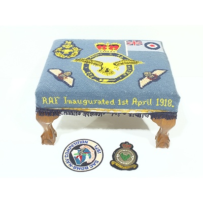 Woven RAF Footstool, Bomber Squadron Bullion Wire Badge and Strategic Air Command Badge