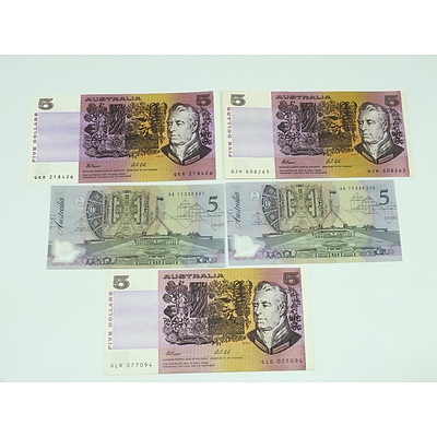 Five Five Dollar ($5) Australian Bank Notes