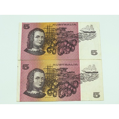 Two Five Dollar ($5) Australia Bank Notes