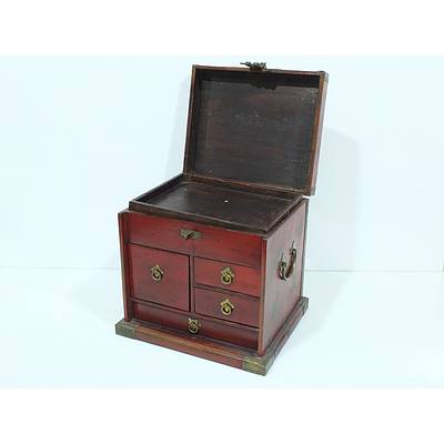 Asian Lacquer Decorated Wood and Brass Mounted Vanity Box
