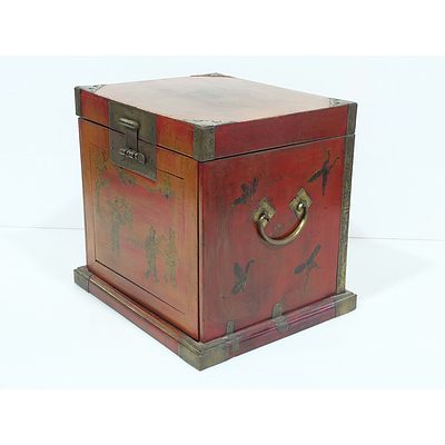 Asian Lacquer Decorated Wood and Brass Mounted Vanity Box