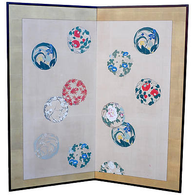 Japanese Black Lacquer and Paper Screen Painted with Foliate Roundels