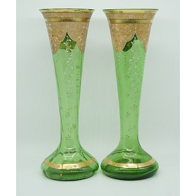 Pair of Victorian Tapered Green Glass and Enamel Vases