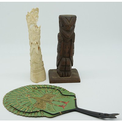 Thai Bone Carving, American Indian Raven Tribe Statue and a Bone Handled Peacock Fan