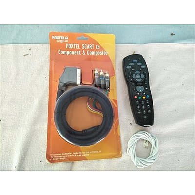 Foxtel SCART to Component & Composite cable (new in packet) & Foxtel remote control (plus bonus spare Foxtel cable)