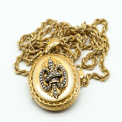 Antique 15ct Yellow Gold Locket with Seed Pearl and Enamel Emblem with 9ct Yellow Gold Twisted Rope Chain