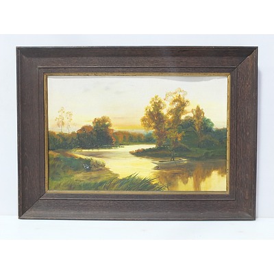 Antique Autumn River Scene Oil on Board