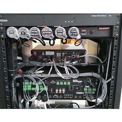 Black Wheeled Server Rack w/ Assorted AV Appliances