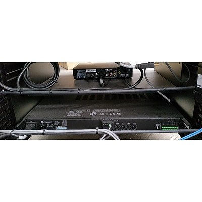 Black Wheeled Server Rack w/ Assorted AV Appliances