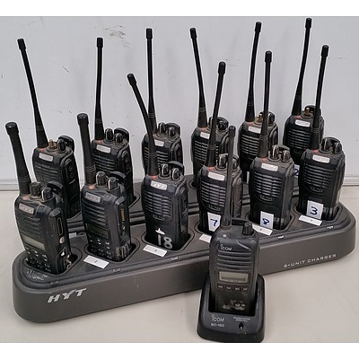 12 x Hytera Professional UHF/VHF Two Way Radios and Multi Charging Stations + 1 x Icom IC-41W Radio