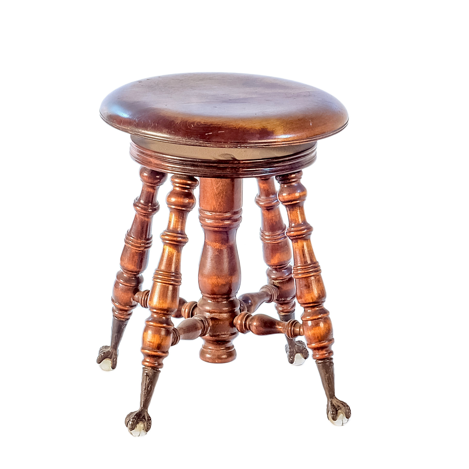 'American Maple Piano Stool with Brass Claw Sabots and Glass Ball Feet Late 19th Century'