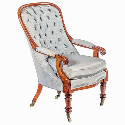 Victorian Mahogany Armchair with Diamond Buttoned Upholstery in Pale Blue Circa 1870