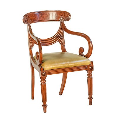 Regency Period Mahogany Elbow Chair with Olive Green Leather Seat Circa 1820