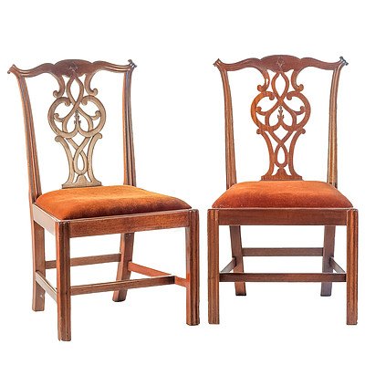 Pair Mahogany Chippendale Style Chairs with Red Brown Velvet Seats 19th Century