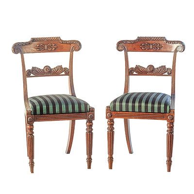 Pair Finely Carved Regency Period Mahogany Chairs with Striped Green and Black Horsehair Upholstery Circa 1820