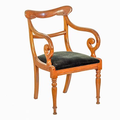 William IV Mahogany Scrolled Elbow Chair with Dark Green Velvet Seat Circa 1835
