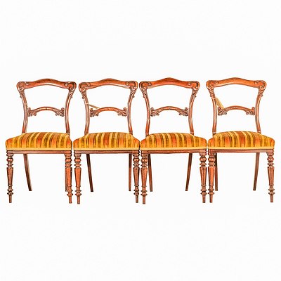 Four Early Victorian Rosewood Dining Chairs Upholstered in Striped Velvet Circa 1850