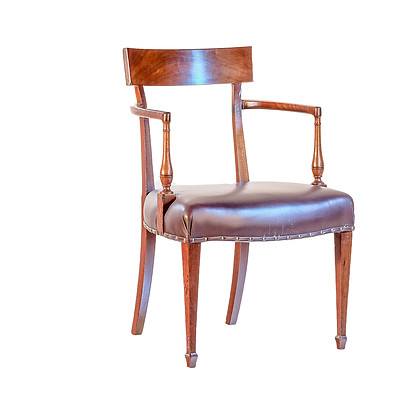 George III Sheraton Mahogany Open Armchair with Dark Brown Leather Upholstery Circa 1800