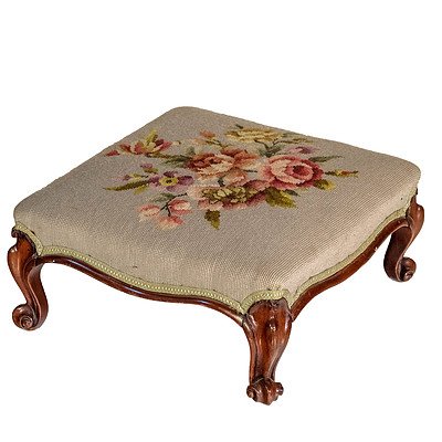 Victorian Brazilian Rosewood and Mahogany Footstool with Tapestry Upholstery Circa 1870