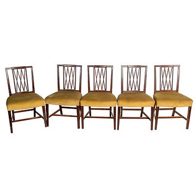 Set of Five George III Sheraton Mahogany Dining Chairs with Olive Green Upholstery Circa 1800