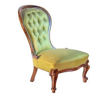 Victorian Mahogany Grandmother Chair with Striped Satin Brocade Upholstery Circa 1880