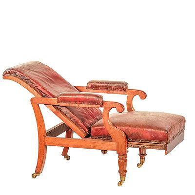 Early Victorian Mahogany Reclining Armchair with Maroon Leather Upholstery Circa 1850