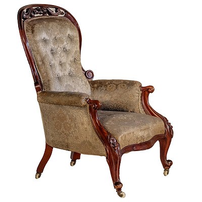 Victorian Mahogany Salon Chair with Pierced and Carved Crest Circa 1880