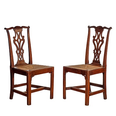 A Pair of Georgian Country Oak Dining Chairs with Drop-in Rush Seats 19th Century