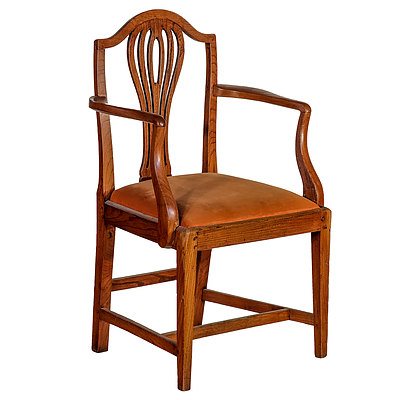 Georgian Style Elm Elbow Chair with Salmon Velvet Upholstery Late 19th Century or Earlier