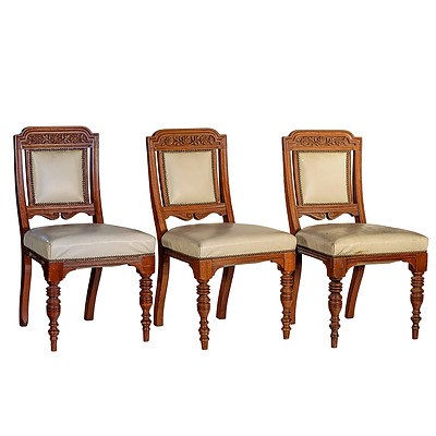 Three Edwardian Carved Walnut Dining Chairs with Ivory Leather Upholstery Circa 1910